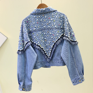 Cappotto di lusso da <span class=keywords><strong>donna</strong></span> con perla e diamanti manica lunga giacca in Denim con perline - Product Image 1