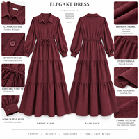 Robe longue décontractée pour femme, col classique, boutonnée sur le devant, manches lanternes, taille ajustable avec lien, jupe évasée à volants, en polyester, OEM ODM