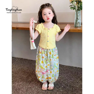 TongXingYuan Girls Summer Two Piece Set Yellow Top Floral Pants Cotton Baby Clothing Set - Product Image 1
