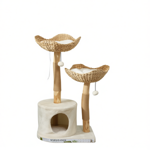 ต้นไม้แมวพร้อมที่นอนแบบสานและเสาข่วนสำหรับแมวในบ้าน 2 ชั้น ดีไซน์ไม้แบบมินิมอล - Product Image 1