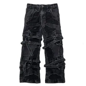 Bai sheng Fashion Stylish Trendy Designer Light Black Strap Dekoration Jeans Allover Distressed Custom Jeans für Männer