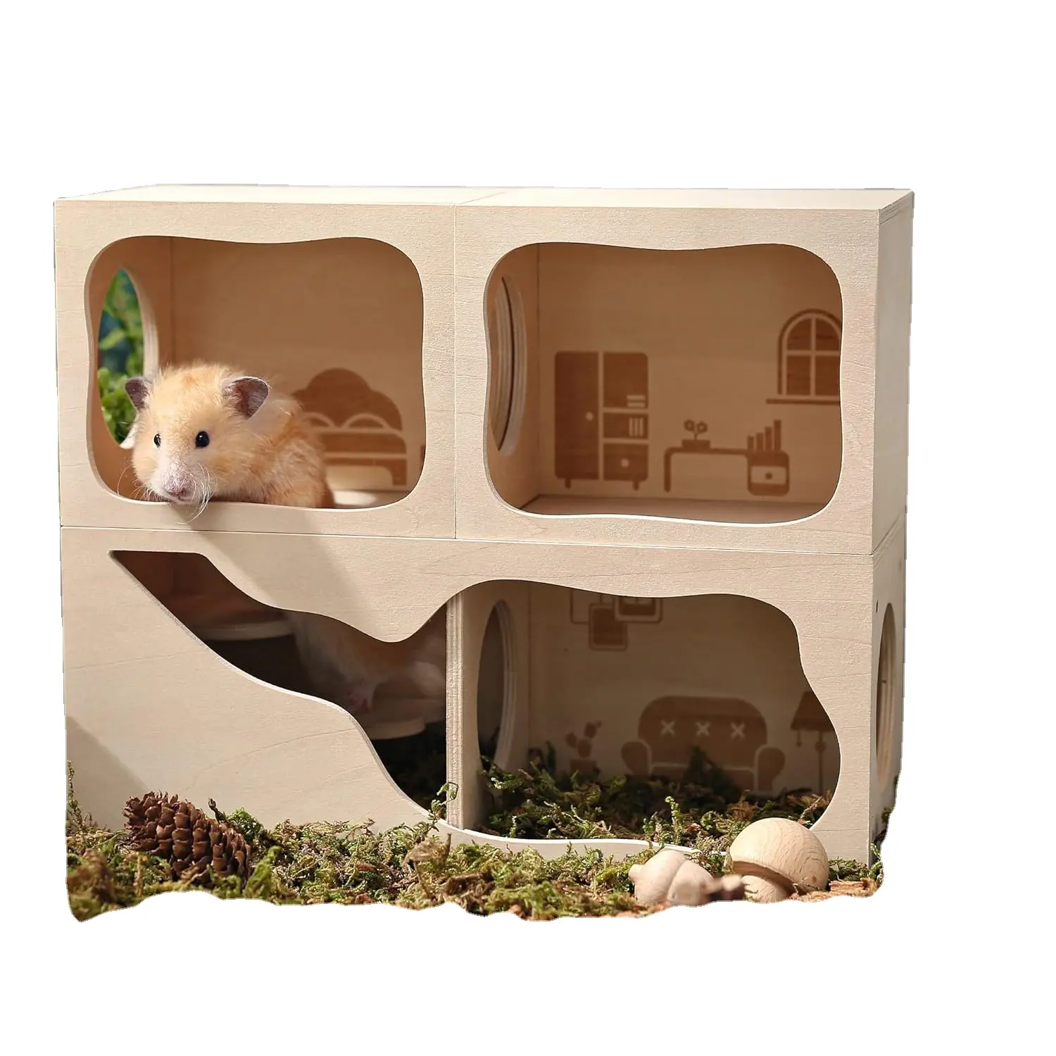 Hamster Hideout ahşap ev odası küçük hayvanlar evcil tünel keşfetmek oyuncaklar
