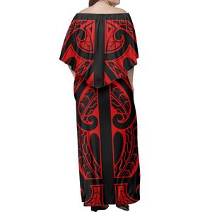 Nueva moda Otoño Casual Maxi señoras vestido rojo manga corta fuera del hombro volante vestido <span class=keywords><strong>Tonga</strong></span> polinesio tatuaje vestidos mujeres - Product Image 2
