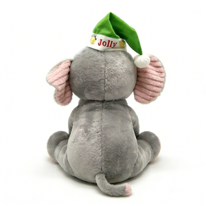 Éléphant en peluche personnalisé pour Noël, avec oreilles roses en velours côtelé, assis, gris, avec chapeau d'ananas festif - Product Image 4