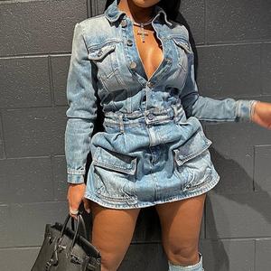 Mini-jupe bleue tendance, ensemble sexy 1 pièce, robe en jean multi-poches, mini-jupes pour femmes, robe en jean décontractée - Product Image 4