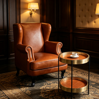 Fauteuil Rétro Vintage Marron en Cuir Véritable Capitonnée, Fauteuil Simple à Dossier Haut et Ailes pour Hôtel, Salon, Salle VIP d'Aéroport