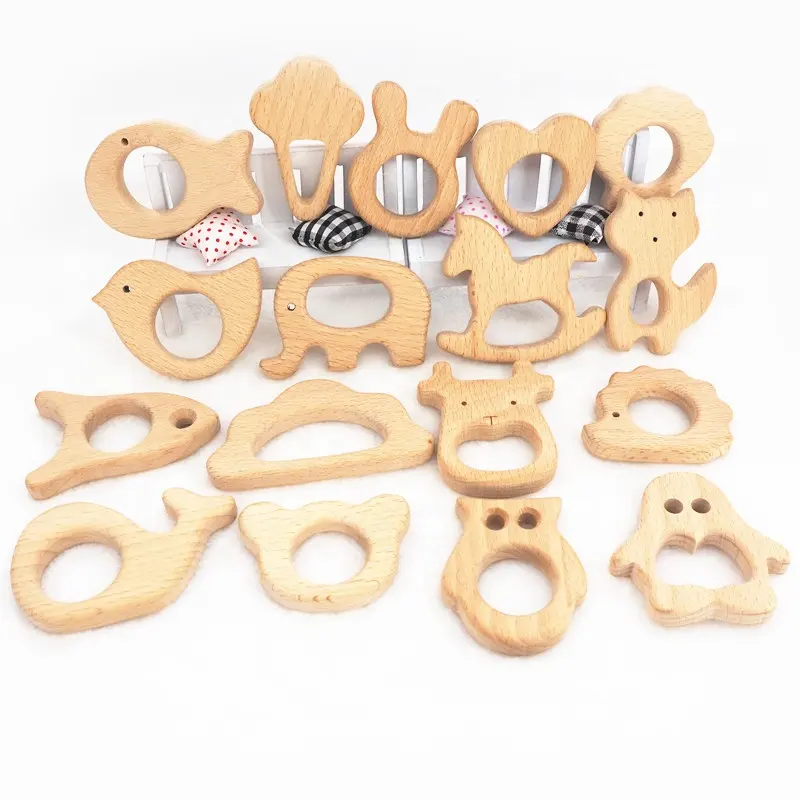 Hot Sale Eco-friendly Wooden Toys DIY Baby Pendant Necklace Gift Natural Beech Animal Wooden Teether