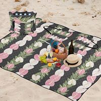 Selimut Piknik Desain Khusus 150*200 Portabel Lipat Tahan Air dengan Ritsleting, Alas Pantai Motif Bunga Hawaii, Tas Jinjing Alas Piknik Besar