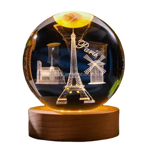 Factory Price Paris Tower Led Night Lights 3d Laser Carved Crystal Ball Light Lamp