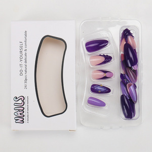 Faux ongles français ABS nude violet foncé, ongles à presser en amande avec motifs linéaires, réutilisables, 24 pièces - Product Image 5