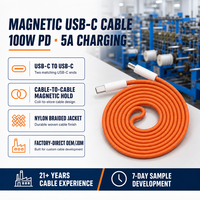 Kabel USB-C Magnetik Retraktil 100W PD Fast Charging, Ultra Tipis, Kompak, dan Dapat Disimpan Sendiri untuk iPhone & Ponsel/Tablet USB-C