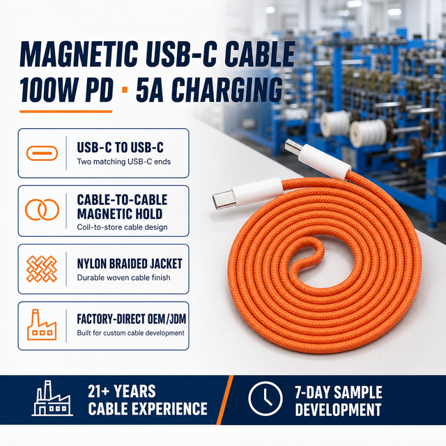 100W PD Fast Charging USB-C Magnetic Retractable Braided Cord Ultra Slim Compact Self-Storing for iPhone & USB-C Phones/Tablets