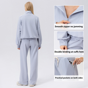 Conjunto de 2 piezas para mujer con logo personalizado, nuevo, informal, de chándal, sudadera con media cremallera, pantalones de cintura alta y pierna ancha, para athleisure y viajes. - Product Image 2