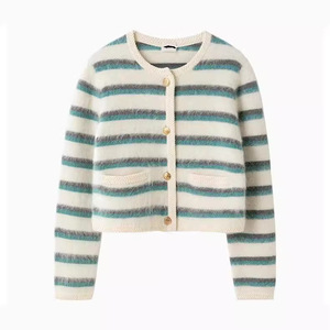 Cardigan en tricot Zhanya pour femme, ample, rayé, en mohair, décontracté, manches longues, motif blanc et bleu, automne - Product Image 1