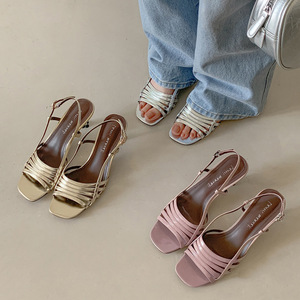2026 French Elegant Woven Thin <b>Strap</b> Roman Sandals Women Square Open Toe Slim Mid Heel Genuine Leather Summer Dress Shoes - Product Image 1