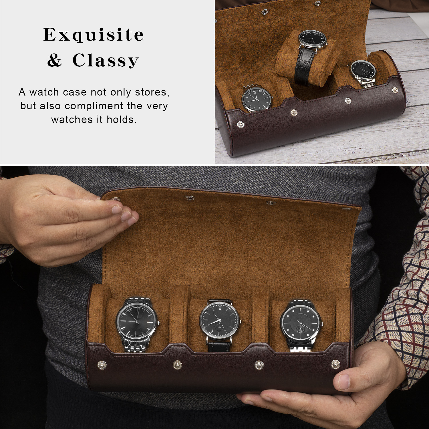 PU leather Travel Watch Roll Case 3 Slots Luxury Leather Portable Storage Box Organizer for Watches fashion watch roll case