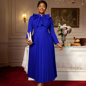 AM050850 elegante autunno con collo alto a manica lunga a trapezio plissettato blu Midi Plus Size formale <span class=keywords><strong>da</strong></span> <span class=keywords><strong>donna</strong></span> abito Casual <span class=keywords><strong>da</strong></span> chiesa - Product Image 1