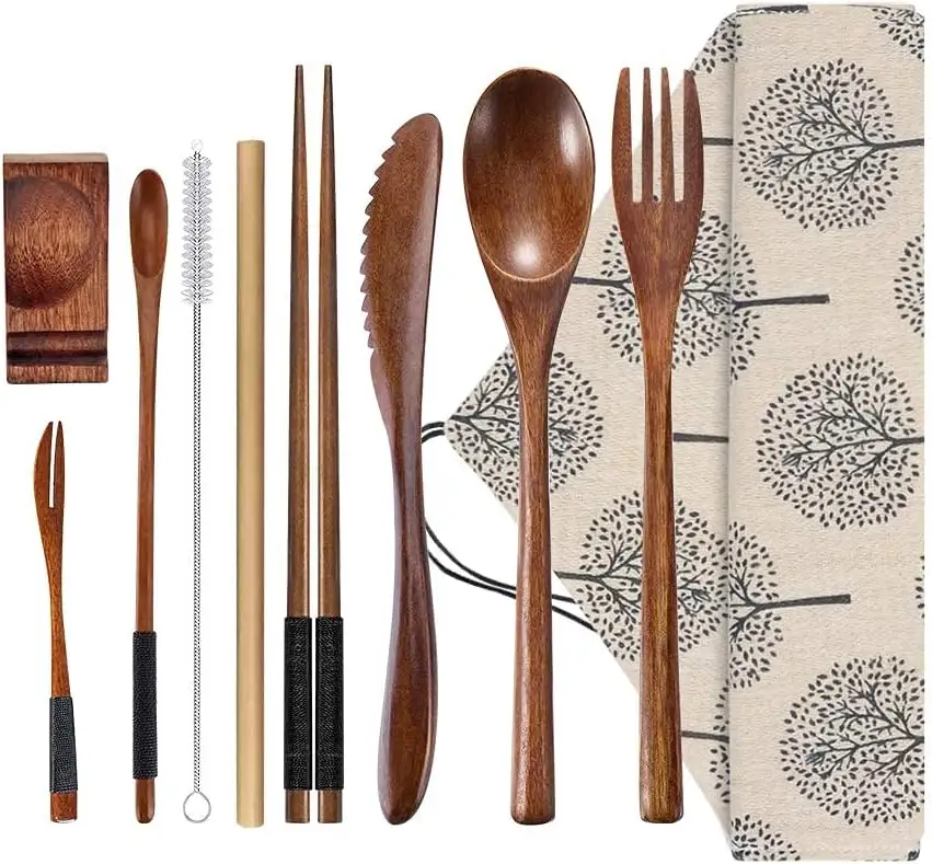 Juego de cubiertos de bambú de madera con estuche 9 piezas, juego de cubiertos de utensilios de madera con cuchillo, tenedor, cuchara, palillos, paja