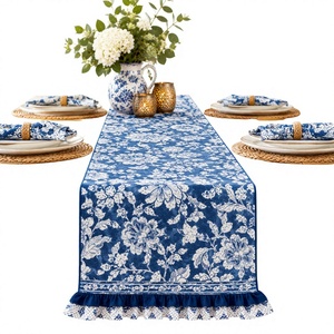 Chemin de table en coton floral vintage durable et personnalisable, fabriqué à la machine |   Nappe en lin bleu pour la décoration de table en gros - Product Image 2
