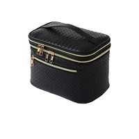 Sac cosmétique en PU tissé, grande capacité, double couche avec compartiment pour les voyages et les articles de toilette