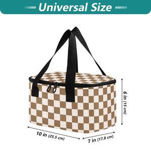 12 Cans Brown White Checkered Lunch Bag Reusable Insulated Tote Custom Logo Mini Cooler Lunch Bag with Short Handles - Product Image 3