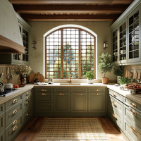 Armoires de cuisine sur mesure de style rétro, avec détail de porte cintrée et finition laquée mate, fabriquées sur commande pour projets résidentiels