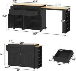 Îlot de cuisine moderne extensible 80"-48" en MDF avec prise électrique, 2 tiroirs de rangement, chariot roulant et 2 étagères ouvertes (plateau en pierre frittée) - Product Image 2