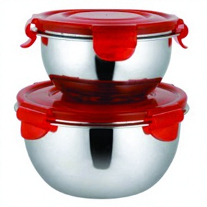 Ensalada de frutas preparación de alimentos tazón para servir tazón de vidrio para mezclar Acero inoxidable al por mayor tazón de bloqueo de desbloqueo con tapa de plástico rojo - Product Image 1