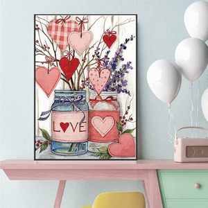 SONGWOO Quadro su tela rustico stile farmhouse con barattoli Mason e cuori per San Valentino, pittura diamantata a pieno ricamo con scritta 'LOVE' - Product Image 1