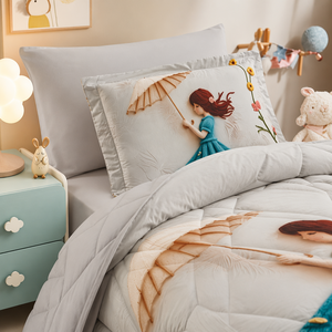 Juego de Ropa de Cama Infantil con Apliques de Niña con Sombrilla, Pompones y Flores, Edredón Blanco y Gris para Habitación Infantil - Product Image 6