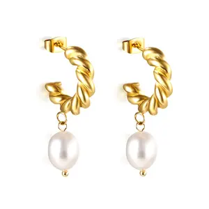 bulk wholesale half turn White Pearl western Hoop earrings women bridal long earrings