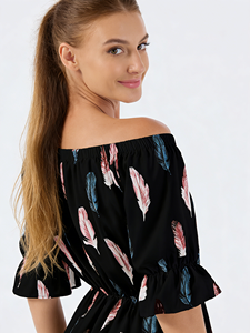 Women's Off-the-Shoulder <b>Feather</b> Print Everyday Midi A-Line Dress Flare Sleeves Natural Waist Summer Daily Casual Wear - Product Image 2