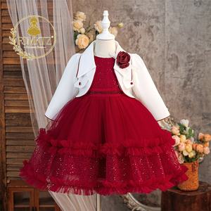 <span class=keywords><strong>Elegante</strong></span> Completo Principessa in Pizzo Rosso Stile Europeo con Giacca, Abito da Festa con Fiori per Compleanno Bambine 8 Anni - Product Image 1