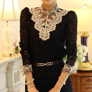 Camisa bordada de encaje de otoño para mujer, blusa elegante de manga larga con <span class=keywords><strong>cuello</strong></span> alto de gasa, camisa de moda de talla grande para mujer - Product Image 3