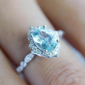 Anillo de Compromiso de Plata de Ley S925 con Bisel Floral Ovalado y Aguamarina, Joyería Elegante para Mujer, Venta al por Mayor, Estilo Vintage - Product Image 2