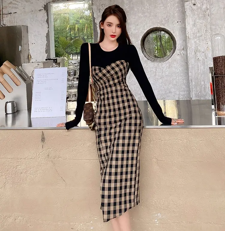 Vestido feminino xadrez manga longa, novidade de 2021, para o outono, estampado, rabo de peixe, manga longa
