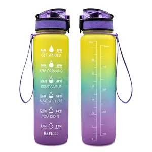 Hete Verkoop 1000Ml 32Oz Draagbare Lekvrije Bpa Vrije Plastic Sport Drinkwaterfles Met Tijdmarker En Stro