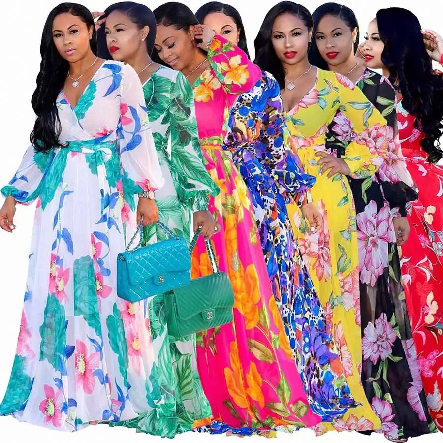 Hot Sell Autumn Long Sleeve V Neck Floral Printing Dress Multi Color Women Beach Chiffon Elegant Plus Size Bohemian Maxi