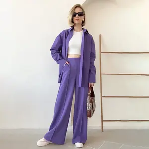 Mandy summer new casual long-sleeved wide-leg pants shirt suit women's office cardigan loose two-piece