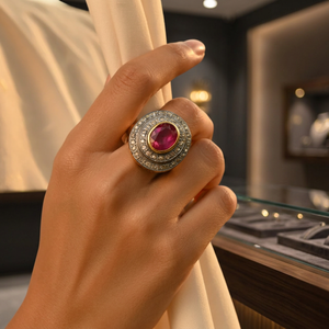 Anillo ART PALACE con Halo de Rubíes y Diamantes Plateados, con Engaste Pavé, Joyería Fina de Lujo con Corte Geométrico y Ovalado para Mujer, Regalo - Product Image 3