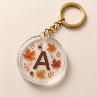 Porte-clés personnalisé en acrylique avec initiale, design feuille d'érable et gland d'automne, rond, monogramme personnalisé, cadeau en gros