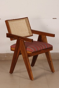 Nordic Style Arm <b>Chair</b> with <b>Cane</b> Woven Backrest and Striped Upholstered Seat Solid Wood Frame for Modern Home Cafe Restaurant - Product Image 3
