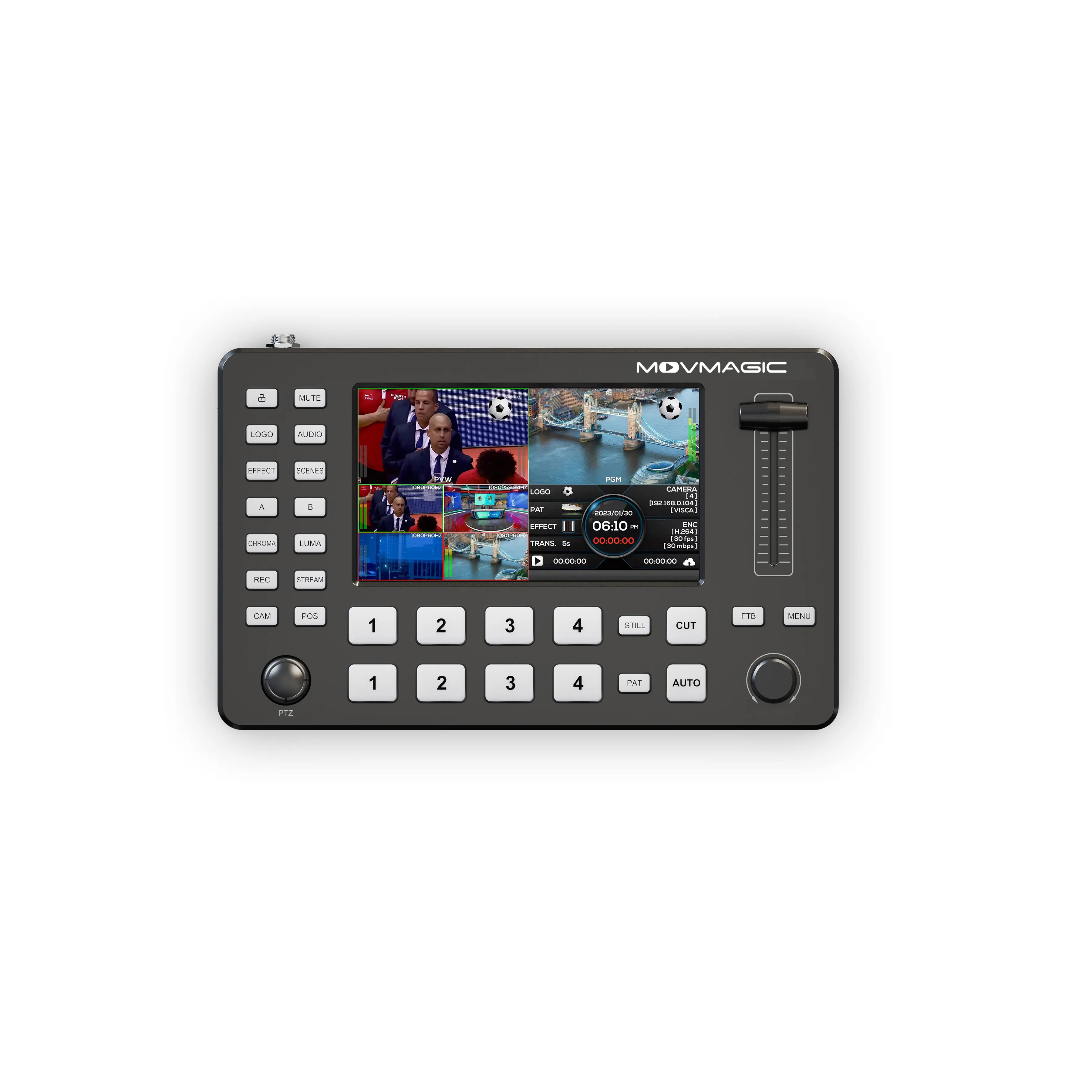Conmutador de vídeo de entrada 4K multicámara Movmagic, transmisión en vivo, control de joystick, mezclador de estudio, conmutador de cámara de vídeo