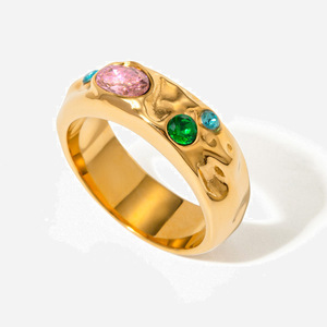 Fashion <b>Ring</b> 18k <b>Gold</b> Stainless Steel Three Round Zircon Stones Bezel Setting Geometric Shape Unisex Gift Jewelry - Product Image 1