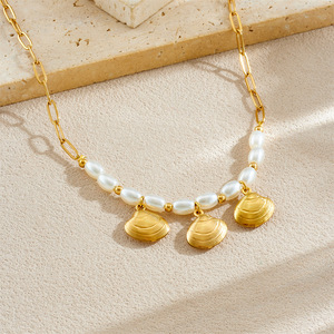 Collier pendentif en acier inoxydable style marin, étanche, inaltérable, plaqué or PVD 18 carats, avec perle, pour femme - Product Image 3