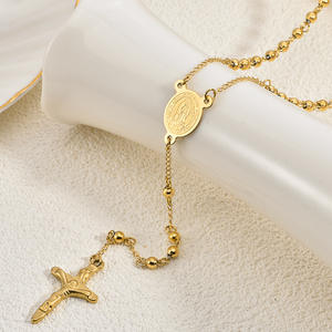 สร้อยคอพระพุทธรูปทองคำประดับลูกปัดสแตนเลสทรงกลมพร้อมจี้พระแม่มารีสไตล์วินเทจ สร้อยคอสแตนเลส - Product Image 1