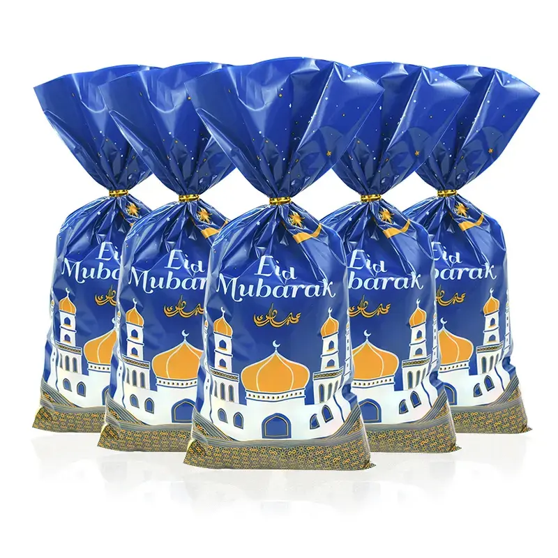 Huiran 50pcs Eid 무바라크 장식 Eid 선물 가방 플라스틱 가방 로프 캔디 가방 이슬람 이슬람 파티 용품