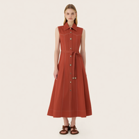 Robe midi décontractée évasée en terracotta sans manches avec col chemise, boutons sur le devant et ceinture à nouer, personnalisable pour femme, vente en gros