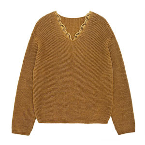 <span class=keywords><strong>Pull</strong></span> en dentelle de couleur unie personnalisé <span class=keywords><strong>femme</strong></span> nouveau automne col en V à manches longues chandails en tricot - Product Image 1