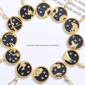 Women S925 Sterling Silver 18K Gold Pendant Twelve Zodiac Necklace Set
